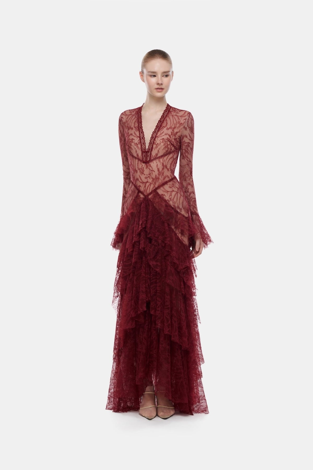 Wine Lace Cascade Dress - Montsand