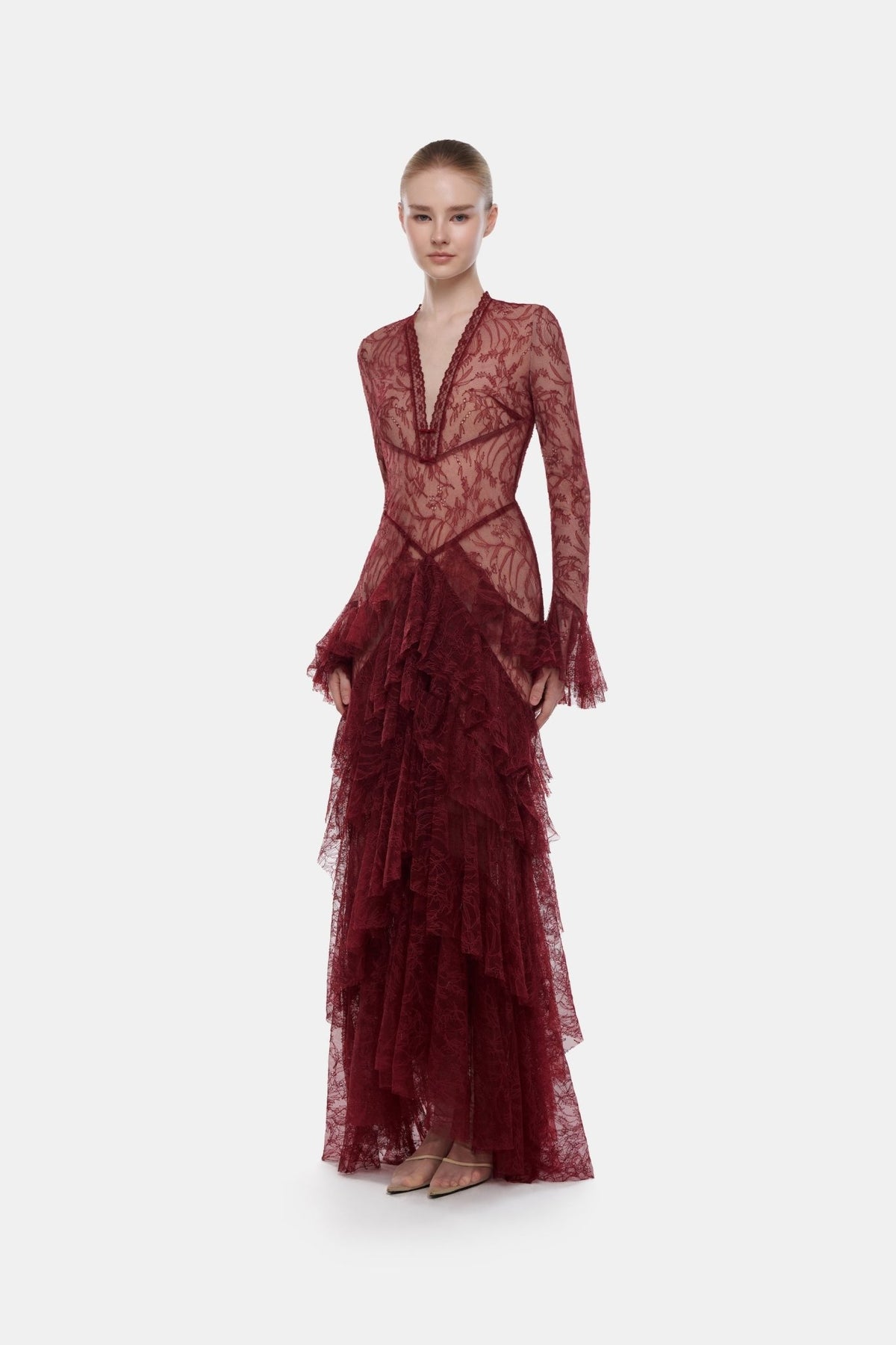 Wine Lace Cascade Dress - Montsand